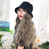 Black bucket hat with grey green curly wigs