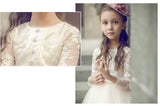 Long sleeve champagne lace and tulle flower girl dress floor length long