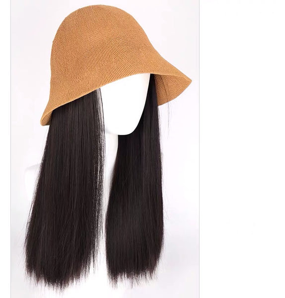 Beige straw hat with black straight wig