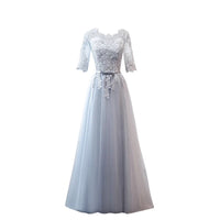 Long bridesmaid dress silver gray embroidered