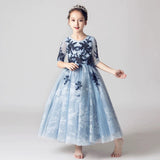 Middle sleeve embroidered blue kid's gown