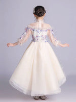 Embroidered champagne ball gown for little girl high neckline