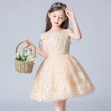 Off the shoulder embroidered little girl's champagne ball gown