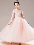 Long sleeve embroidered pink flower girl dress white long kid's gown