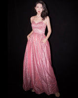 Spaghetti straps sparkly mauve prom dress starry pink evening dress
