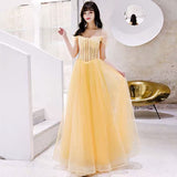 Off the shoulder sequin purple prom dress yellow wedding gown