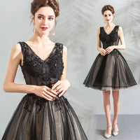 Short black gown v neck party dress