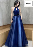 Halter floor length long tulle dark blue event dress