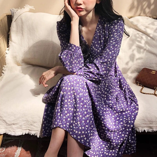 Long sleeve purple floral dress