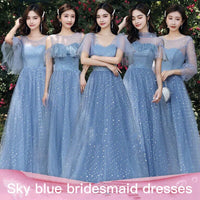 Floor length long sky blue bridesmaid dresses