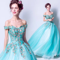 Off the shoulder embroidered lake blue wedding gown