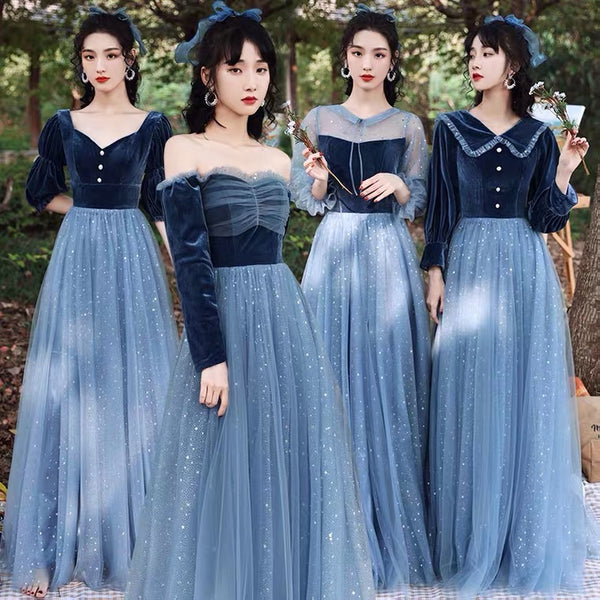 Blue velvet bridesmaid dresses half sleeve