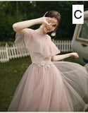 Light pink embroidered tulle bridesmaid dresses