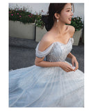Off the shoulder prom dress with pearls