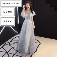 Embroidered grey tulle evening dress long
