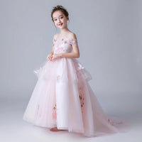 Pink girl's ball gown long appliqué girl pageant dress