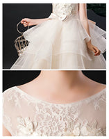 Embroidered champagne mini bride dress