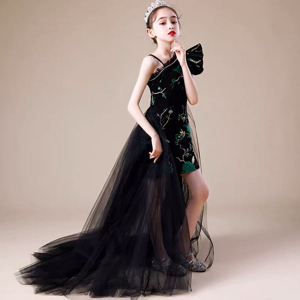 High Low black green prom dress for little girl
