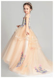 Embroidered little girl's champagne ball gown with train