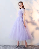 Calf length long short sleeve grey burgundy lavender prom dress