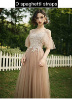 Light brown embroidered tulle bridesmaid dresses