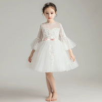 Middle sleeve pink embroidered child tulle dress