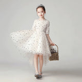 Middle sleeve champagne girl's dots dress