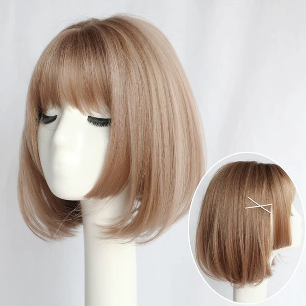 33cm 13 inches light brown pink straight synthetic wig かつら