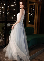 White blue halter embroidered prom dress