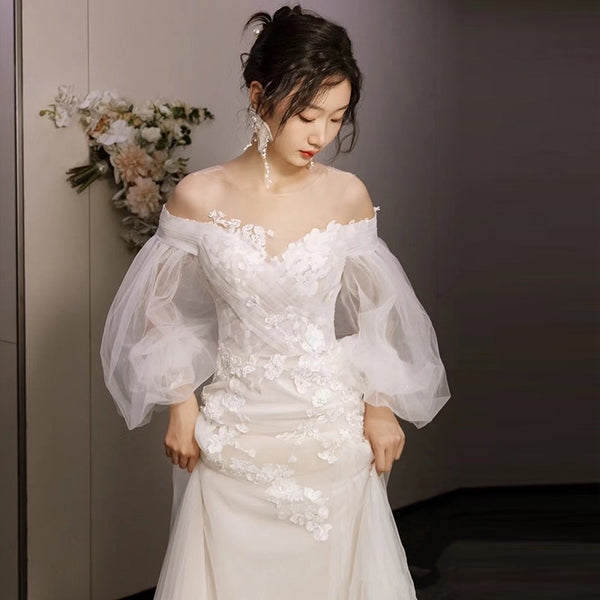 Transparent neckline wedding dress full sleeve