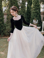 Long sleeve vintage dress black beige tulle dress
