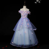 Off the shoulder sky blue applique ball gown for little girl