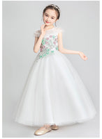 Floor length long embroidered white flower girl dress