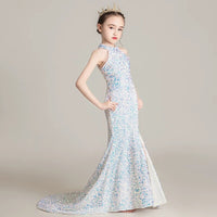 Little girl's white sequin prom dress