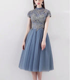 High neckline embroidered short prom dress