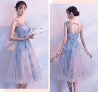 Grey bridesmaid dress embroidered tulle short prom dress