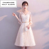Embroidered short champagne bridesmaid dresses