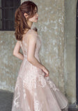 Champagne pink short lace wedding gown