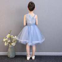 Short blue kid's gown pink flower girl dress