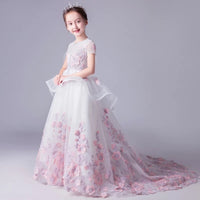 Pink appliqué long girl's pageant dress white flower girl tailing dress