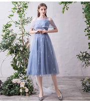 Embroidered blue tulle bridesmaid dresses