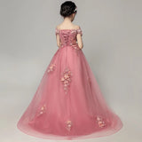 Pink flower girl gown embroidered Hi-Lo