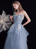 Off the shoulder sky blue embroidered prom dress