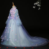 Middle sleeve high neckline sky blue applique ball gown for girl