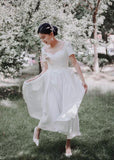 Short sleeve high low satin wedding dress
