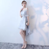 Hi-lo silver gray prom dress embroidered lace tulle