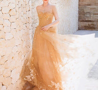 Embroidered yellow prom dress tulle birthday party dress