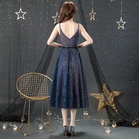 Spaghetti straps sparkly navy blue prom dress