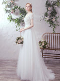 Short sleeve lace and tulle modest wedding dress