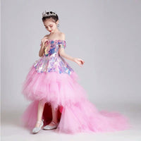 Off the shoulder high low sparkly sequin little girl’s pink ball gown